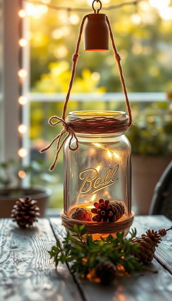 A cozy upcycled lantern for a balcony or terrace setting, crafted from a repurposed glass jar, adorned with rustic twine and pinecones. The lantern is illuminated softly, casting a warm, inviting glow that highlights the natural textures of the materials. In the foreground, the lantern is placed on a weathered wooden table alongside some fresh herbs and a small potted plant, enhancing the DIY aesthetic. In the middle ground, vibrant hanging fairy lights twinkle, adding to the welcoming ambiance. The background features a blurred view of a sunlit garden, with soft greenery creating a serene atmosphere. The image embodies a Pinterest-inspired, natural DIY look, radiating warmth and inspiration. Include a subtle watermark of "KlickKiste" in the corner.