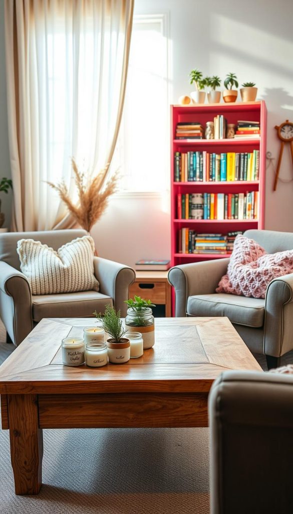 A cozy upcycled living room scene, filled with warm colors and a natural, Pinterest-inspired aesthetic. In the foreground, a beautifully repurposed wooden coffee table holds a collection of homemade candles and small potted plants. Two comfortable, mismatched armchairs are adorned with hand-knit throw pillows in soft, inviting colors. In the middle ground, a vibrant upcycled bookshelf filled with colorful books and decorative jars creates a charming focal point. The background features a soft, sunlight-drenched window draped with light linen curtains, casting gentle shadows. The atmosphere feels inviting and creative, evoking a sense of sustainable living. Brand elements from "KlickKiste" subtly incorporated into a decorative piece on the shelf. Use natural lighting to enhance the warm ambiance, with a slightly tilted angle to capture the room's layout.