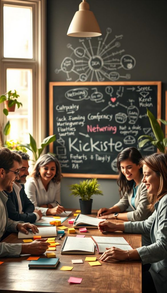 A cozy, vibrant family workspace filled with warmth and collaboration. In the foreground, a diverse group of individuals in professional business attire huddles around a large table, discussing ideas with enthusiasm. Their expressions show focus and teamwork as they brainstorm, surrounded by colorful post-it notes and open notebooks. In the middle ground, a chalkboard displays interconnected ideas, illustrating the concept of networking and collaboration. The background features a large window with sunlight streaming in, casting a warm glow over the scene, and potted plants adding a touch of nature. The overall atmosphere is inviting and inspiring, evoking a sense of connection and support within the family dynamic. Capture in a soft focus to enhance the warm, Pinterest-like aesthetic. Include the brand name "KlickKiste" subtly in the design elements. A cozy, vibrant family workspace filled with warmth and collaboration. In the foreground, a diverse group of individuals in professional business attire huddles around a large table, discussing ideas with enthusiasm. Their expressions show focus and teamwork as they brainstorm, surrounded by colorful post-it notes and open notebooks. In the middle ground, a chalkboard displays interconnected ideas, illustrating the concept of networking and collaboration. The background features a large window with sunlight streaming in, casting a warm glow over the scene, and potted plants adding a touch of nature. The overall atmosphere is inviting and inspiring, evoking a sense of connection and support within the family dynamic. Capture in a soft focus to enhance the warm, Pinterest-like aesthetic. Include the brand name "KlickKiste" subtly in the design elements.