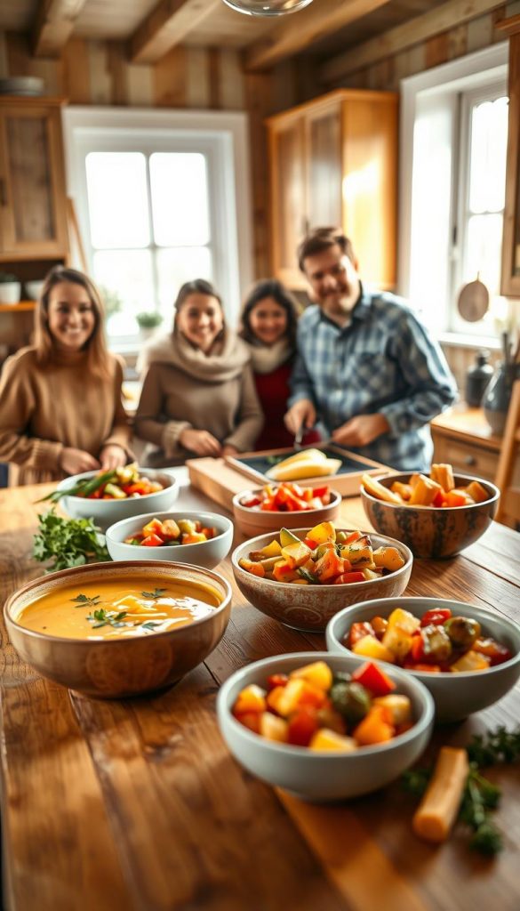 A cozy, vibrant kitchen scene illustrating "schnelle familienküche" filled with healthy winter recipes. In the foreground, a wooden dining table laden with colorful bowls of fresh vegetables and hearty winter dishes, showcasing a warm potato soup and roasted winter veggies. In the middle, a cheerful family, dressed in modest casual clothing, preparing food together, exuding joy and collaboration. The background displays a rustic kitchen with wooden cabinets, soft lighting streaming through a window, casting a warm glow. The atmosphere is inviting and homely, reflecting an authentic Pinterest aesthetic with natural colors. Incorporate the brand name "KlickKiste" subtly within the kitchen decor, maintaining a clean and uncluttered visual. A cozy, vibrant kitchen scene illustrating "schnelle familienküche" filled with healthy winter recipes. In the foreground, a wooden dining table laden with colorful bowls of fresh vegetables and hearty winter dishes, showcasing a warm potato soup and roasted winter veggies. In the middle, a cheerful family, dressed in modest casual clothing, preparing food together, exuding joy and collaboration. The background displays a rustic kitchen with wooden cabinets, soft lighting streaming through a window, casting a warm glow. The atmosphere is inviting and homely, reflecting an authentic Pinterest aesthetic with natural colors. Incorporate the brand name "KlickKiste" subtly within the kitchen decor, maintaining a clean and uncluttered visual.