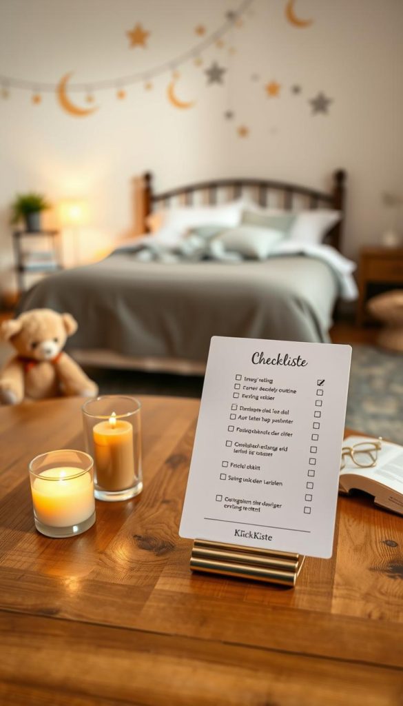 A cozy, visually appealing checklist for an evening routine titled "Checkliste abendablauf", designed for parents looking to enhance their children's sleep habits. The foreground features a beautifully arranged wooden table with the checklist prominently displayed on a stylish clip, alongside a soft glowing candle and a plush teddy bear. In the middle, a serene bedroom scene is visible, with a neatly made bed, comforting pillows, and a gentle nightlight casting warm light across the room. The background showcases pastel-colored walls adorned with star and moon decals, creating a calming atmosphere. The overall mood is authentic and inspiring, reflecting a Pinterest-style aesthetic, with warm colors and natural lighting, to evoke a sense of tranquility and organization. Incorporate the brand name "KlickKiste" subtly on the checklist design. A cozy, visually appealing checklist for an evening routine titled "Checkliste abendablauf", designed for parents looking to enhance their children's sleep habits. The foreground features a beautifully arranged wooden table with the checklist prominently displayed on a stylish clip, alongside a soft glowing candle and a plush teddy bear. In the middle, a serene bedroom scene is visible, with a neatly made bed, comforting pillows, and a gentle nightlight casting warm light across the room. The background showcases pastel-colored walls adorned with star and moon decals, creating a calming atmosphere. The overall mood is authentic and inspiring, reflecting a Pinterest-style aesthetic, with warm colors and natural lighting, to evoke a sense of tranquility and organization. Incorporate the brand name "KlickKiste" subtly on the checklist design.