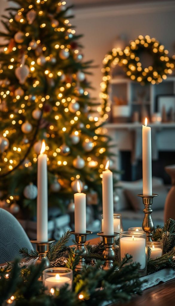 A cozy, warm ambiance showcasing a beautifully decorated Christmas tree, emphasizing "Lichtideen Warmweiß Layering". In the foreground, softly glowing warm white lights are intertwined with natural greenery and delicate ornaments, creating a layered effect. The middle ground features elegant statement candle holders, filled with simple, elegant white candles casting a gentle glow. In the background, a softly blurred interior room setting accentuates the festive atmosphere, with hints of rustic decor and muted holiday accents. Use a warm color palette with golden and green tones, illuminated by a soft, diffused lighting. The scene conveys a sense of warmth, comfort, and inspiration, reminiscent of a Pinterest-worthy DIY aesthetic. The brand name “KlickKiste” subtly integrated into the design, ensuring a natural and inviting feel.