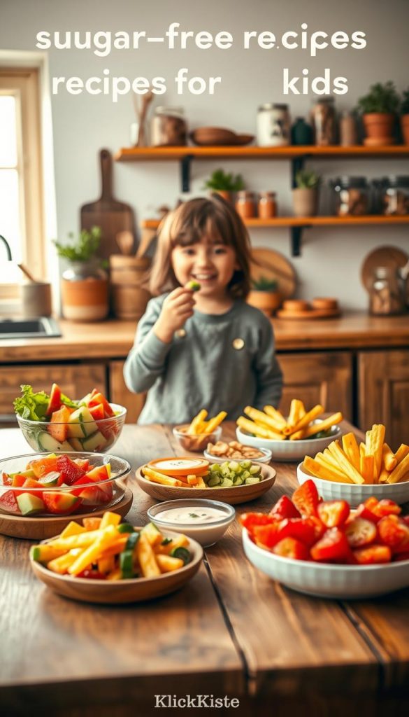 A cozy, warm-lit kitchen setting captures the essence of "sugar-free recipes for kids." In the foreground, a wooden table displays an array of colorful, healthy, kid-friendly dishes, such as vibrant fruit bowls, vegetable sticks with dips, and homemade snacks all beautifully arranged. In the middle ground, a cheerful child in modest casual clothing happily tastes a treat, embodying joy and curiosity about healthy eating. The background features rustic kitchen elements like potted herbs and wooden shelves lined with jars of natural ingredients. Soft, diffused lighting enhances the inviting atmosphere, creating an authentic and inspiring mood. The overall aesthetic should evoke that Pinterest vibe, with warm colors and a sense of creativity, showcasing the brand "KlickKiste." A cozy, warm-lit kitchen setting captures the essence of "sugar-free recipes for kids." In the foreground, a wooden table displays an array of colorful, healthy, kid-friendly dishes, such as vibrant fruit bowls, vegetable sticks with dips, and homemade snacks all beautifully arranged. In the middle ground, a cheerful child in modest casual clothing happily tastes a treat, embodying joy and curiosity about healthy eating. The background features rustic kitchen elements like potted herbs and wooden shelves lined with jars of natural ingredients. Soft, diffused lighting enhances the inviting atmosphere, creating an authentic and inspiring mood. The overall aesthetic should evoke that Pinterest vibe, with warm colors and a sense of creativity, showcasing the brand "KlickKiste."