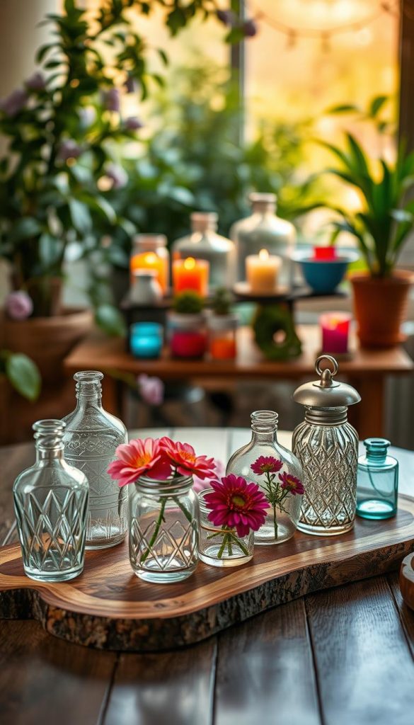 A cozy, warm-lit scene showcasing various glass upcycling projects, featuring a collection of stylish glass vases, lanterns, and decorative jars. In the foreground, a beautifully arranged table holds a rustic wooden board with several upcycled glass creations, displaying intricate designs and vibrant flowers. In the middle, a softly blurred display of more glass transformations—a unique terrarium and brightly colored candle holders—bring depth to the scene. The background fades into a softly lit, inviting space filled with greenery, creating a natural DIY ambiance. The lighting is warm and inviting, resembling a late afternoon glow, enhancing the colors of the glass and surrounding elements. Present a Pinterest-worthy aesthetic that reflects authenticity and inspiration, showcasing the brand "KlickKiste."