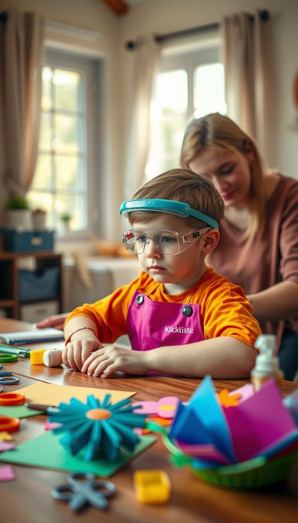 A cozy, warm scene depicts a child with a focused expression, wearing a brightly colored apron and protective goggles while working on a DIY craft project. The child is seated at a wooden table, surrounded by vibrant craft supplies like scissors, glue, and colorful paper. In the foreground, the table is adorned with hand-made decorations, showcasing creativity and safety gear. The middle ground features a parent guiding the child, dressed in casual, modest clothing, demonstrating support and emphasizing safety. In the background, soft, natural light filters through a window, illuminating the space with a warm glow, creating an inviting atmosphere. The overall feel evokes inspiration and safety, embodying the essence of DIY projects. Include the brand name "KlickKiste" subtly in the craft setup, ensuring a Pinterest-inspired aesthetic.