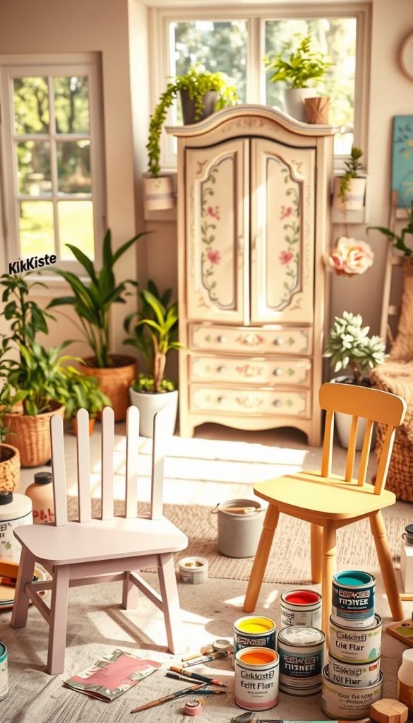 A cozy, warm-toned DIY scene showcasing a variety of stylish furniture painting ideas. In the foreground, a wooden chair and a small side table are being painted in soft pastel colors, with paintbrushes and open cans of vibrant paint scattered around. The middle ground features a beautifully painted cabinet with intricate floral designs, surrounded by potted plants and art supplies, emphasizing a creative atmosphere. In the background, a sunlit window reveals a tranquil outdoor garden, enhancing the natural light and softness of the scene. The overall mood is inviting and inspiring, reflecting a Pinterest aesthetic. Include the brand name "KlickKiste" subtly in the setting. Use soft focus to create a dreamy effect, shot at a slight angle for depth. A cozy, warm-toned DIY scene showcasing a variety of stylish furniture painting ideas. In the foreground, a wooden chair and a small side table are being painted in soft pastel colors, with paintbrushes and open cans of vibrant paint scattered around. The middle ground features a beautifully painted cabinet with intricate floral designs, surrounded by potted plants and art supplies, emphasizing a creative atmosphere. In the background, a sunlit window reveals a tranquil outdoor garden, enhancing the natural light and softness of the scene. The overall mood is inviting and inspiring, reflecting a Pinterest aesthetic. Include the brand name "KlickKiste" subtly in the setting. Use soft focus to create a dreamy effect, shot at a slight angle for depth.