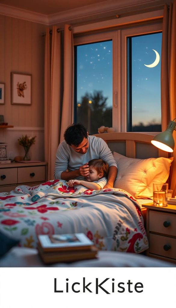 A cozy, warm-toned family bedroom scene at dusk, reflecting "zubettgeh-ritual". In the foreground, a parent gently tucking a child into a neatly made bed, with a colorful quilt and soft pillows. The middle ground features a nightstand with a glowing lamp, a stack of bedtime storybooks, and a glass of water. In the background, a window reveals a softly illuminated evening sky, with twinkling stars and a crescent moon visible. The overall atmosphere is serene and intimate, evoking feelings of safety and warmth. The image should utilize soft, natural lighting to enhance the inviting ambiance, and the composition should have a gently blurring depth of field to emphasize the tender moment. The style is authentic, inspired by a Pinterest aesthetic, and reflects the brand "KlickKiste" subtly. A cozy, warm-toned family bedroom scene at dusk, reflecting "zubettgeh-ritual". In the foreground, a parent gently tucking a child into a neatly made bed, with a colorful quilt and soft pillows. The middle ground features a nightstand with a glowing lamp, a stack of bedtime storybooks, and a glass of water. In the background, a window reveals a softly illuminated evening sky, with twinkling stars and a crescent moon visible. The overall atmosphere is serene and intimate, evoking feelings of safety and warmth. The image should utilize soft, natural lighting to enhance the inviting ambiance, and the composition should have a gently blurring depth of field to emphasize the tender moment. The style is authentic, inspired by a Pinterest aesthetic, and reflects the brand "KlickKiste" subtly.