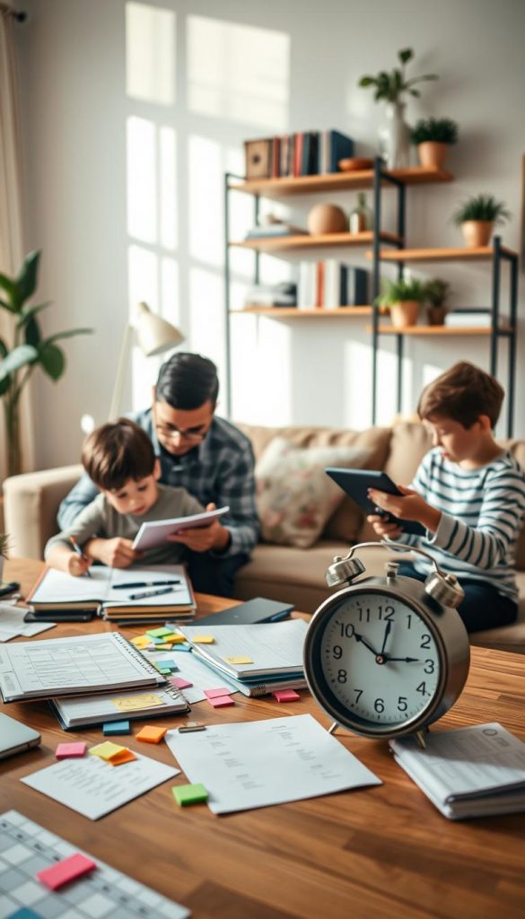 A cozy, warm-toned living room setting featuring a modern family planning their day, embodying effective time management. In the foreground, a stylish wooden table cluttered with planners, colorful sticky notes, and a clock displaying 9:00 AM. The middle features a focused parent in professional attire, jotting down notes, while a child, dressed in casual but modest clothing, plays nearby with a timer and a digital tablet, suggesting moments of structured play. The background shows a well-organized shelf with books and plants, bathed in soft, natural light filtering through a window. The overall mood is inspiring and productive, reflecting the essence of 'KlickKiste' with a Pinterest aesthetic. The image should exude authenticity, highlighting a harmonious blend of work and family life. A cozy, warm-toned living room setting featuring a modern family planning their day, embodying effective time management. In the foreground, a stylish wooden table cluttered with planners, colorful sticky notes, and a clock displaying 9:00 AM. The middle features a focused parent in professional attire, jotting down notes, while a child, dressed in casual but modest clothing, plays nearby with a timer and a digital tablet, suggesting moments of structured play. The background shows a well-organized shelf with books and plants, bathed in soft, natural light filtering through a window. The overall mood is inspiring and productive, reflecting the essence of 'KlickKiste' with a Pinterest aesthetic. The image should exude authenticity, highlighting a harmonious blend of work and family life.