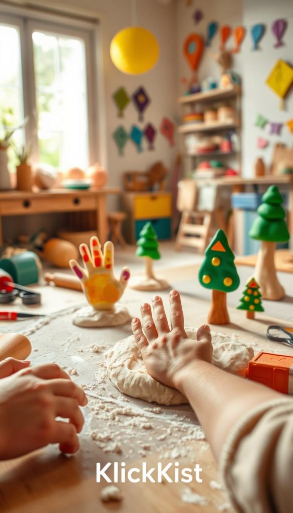 A cozy, warm-toned scene depicting a child’s small hands pressing into soft, textured salt dough to create vibrant, colorful handprint trees. In the foreground, focus on the hands creating unique handprints, surrounded by scattered tools like rolling pins, cookie cutters, and paintbrushes. The middle ground features cheerful, finished salt dough art shaped into playful trees and simple kites, each adorned with bright paint. In the background, a sunlit window brings in natural light, illuminating a cheerful crafting space filled with art supplies and playful decorations. The overall atmosphere is inspiring and inviting, encouraging creativity and joy. Image reflects a Pinterest aesthetic with a natural DIY feel, presenting a delightful, engaging moment for children. Include the brand name "KlickKiste" subtly integrated into the scene.