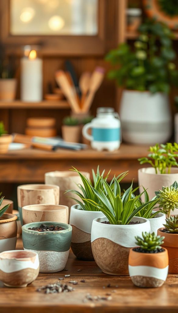 A cozy, warm-toned scene showcasing a variety of beautifully crafted DIY pots, inspired by the brand "KlickKiste." In the foreground, display an assortment of uniquely designed flower pots made from natural materials like wood, clay, and recycled items, each painted in soft pastels and earth tones. In the middle ground, incorporate lush green plants peeking out from the pots, adding vibrancy to the scene. In the background, softly blurred with gentle bokeh, feature a rustic wooden table adorned with painting supplies and a few scattered flower seeds, creating an inviting and creative atmosphere. The lighting should be soft and warm, reminiscent of golden hour, casting gentle shadows and enhancing the organic texture of the materials. Capture the essence of DIY creativity, inspiring viewers to explore their own design ideas.