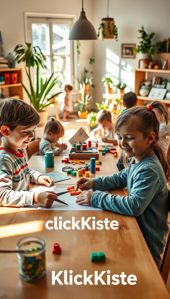 A cozy, warm-toned scene showcasing children engaged in various screen-free activities at a sunlit table. In the foreground, a boy and girl, dressed in colorful casual clothing, are working on a craft project with paper and scissors, displaying joy and creativity. The middle ground features other children participating in activities like painting, playing with building blocks, and reading books, each fully immersed in their task. In the background, a bright and inviting room is filled with plants, art supplies, and educational toys, enhancing the playful atmosphere. Soft, natural lighting streams in through a window, casting gentle shadows and creating an inspiring, authentic Pinterest-like aesthetic. The brand name "KlickKiste" creatively integrated into the decor, subtly enhancing the cheerful, imaginative mood of the scene.