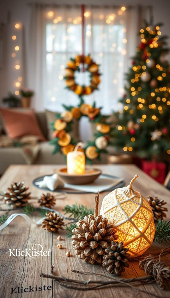 A cozy, warm-toned setting showcasing budget-friendly DIY Christmas decorations inspired by upcycling and alternative materials. In the foreground, there are beautifully handcrafted ornaments made from recycled paper and natural elements like pine cones and twigs, artfully arranged on a rustic wooden table. The middle layer features a softly glowing centerpiece, a wreath made of dried citrus slices and cinnamon sticks, exuding a festive spirit. In the background, a softly lit room with twinkling fairy lights and a decorated pine tree creates a warm, inviting atmosphere. The scene embodies an authentic Pinterest aesthetic, showcasing creativity and sustainability. The brand name "KlickKiste" subtly integrated into the design reflects innovation and eco-consciousness. Utilize soft, warm lighting to enhance the inviting feel, captured from a slightly elevated angle to showcase the details effectively.