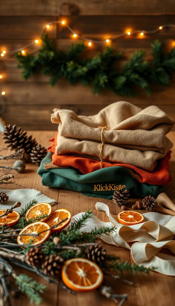 A cozy, warm-toned workspace table set up for sustainable Christmas decoration crafting. In the foreground, natural materials like twigs, pinecones, and dried orange slices are artistically arranged alongside eco-friendly ribbons and cloth in rich, earthy colors. The middle layer showcases a selection of textured fabrics in shades of forest green, rust, and cream, alongside a few handmade ornaments that emphasize sustainability. In the background, softly glowing fairy lights twinkle over a rustic wooden wall, adding to the inviting atmosphere. The scene captures a Pinterest-inspired aesthetic with an authentic, DIY vibe, reflecting a creative and eco-conscious holiday spirit. The name "KlickKiste" subtly integrated into the workspace accessories enhances the theme of sustainable design. Use soft, diffused lighting to create a warm, inviting mood, captured from a slight overhead angle to reveal depth and detail in the textures.