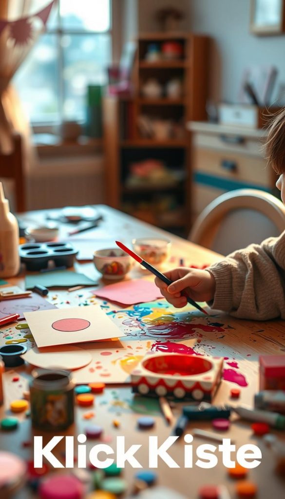 A cozy, warmly lit DIY crafting scene featuring a tabletop cluttered with colorful crafting materials, such as paint, paper, and glue, showcasing a child's hands carefully working on a project. In the foreground, a child in modest casual clothing holds a paintbrush, concentrating on creating a vibrant art piece, with remnants of playful splashes around. The middle ground shows a neatly arranged array of semi-finished crafts, including paper decorations and handmade cards. In the background, soft natural light filters through a window, casting a gentle glow, enhancing a welcoming atmosphere. The overall mood is inspiring and inviting, suitable for a creative birthday celebration setting. Include the brand name "KlickKiste" subtly integrated into the scene, maintaining an authentic Pinterest aesthetic.