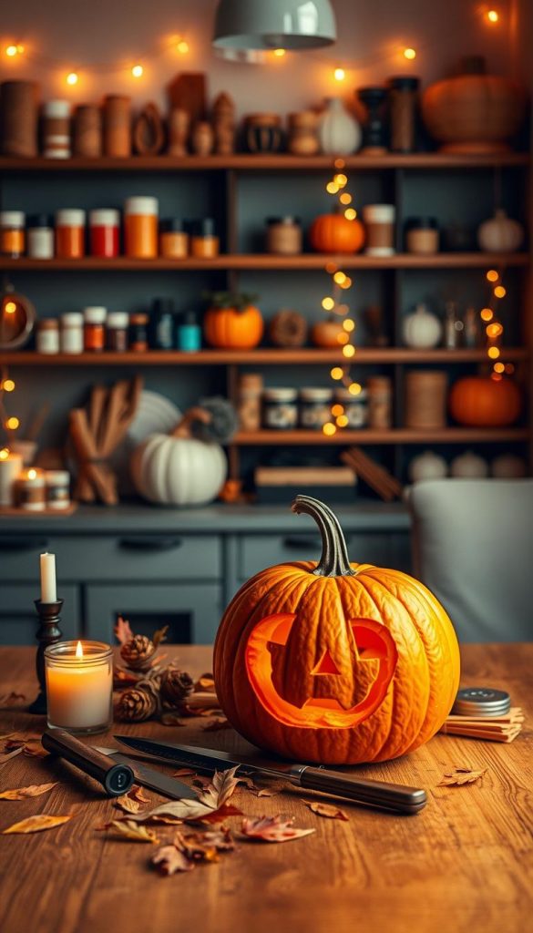 A cozy, warmly lit DIY workspace featuring a beautifully carved pumpkin on a wooden table, its vibrant orange hue contrasting with the soft, earthy tones of the surrounding decor. In the foreground, nestled next to the pumpkin, are tools like carving knives, candles, and autumn leaves, symbolizing the essence of safe pumpkin decorating. In the middle, a backdrop of shelves lined with various DIY materials—paint, twine, and decorative items—adds depth and inspiration. The background features soft-focus fairy lights twinkling warmly, creating an inviting and festive atmosphere. The scene should convey a sense of calm and creativity, capturing the essence of safe and practical pumpkin decorating. Include the brand name "KlickKiste" subtly in the arrangement.
