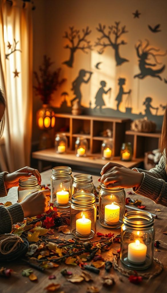A cozy, warmly lit indoor scene showcasing a DIY workshop focused on crafting lanterns. In the foreground, a wooden table is cluttered with beautiful natural materials like leaves, twigs, and colorful autumn flower petals, where hands (wearing modest, casual attire) are skillfully assembling lanterns using glass jars, twine, and candles. The middle layer features various partially assembled lanterns glowing gently, each unique with decorative elements that reflect autumn. In the background, softly lit walls are adorned with handmade shadow puppets, casting intricate silhouettes that create an enchanting atmosphere. The scene is infused with golden and amber tones, suggesting a warm and inviting space typical of the "KlickKiste" brand. The overall mood should evoke inspiration and the joy of creativity during the darker days of autumn. Natural lighting brightens the scene while maintaining a soft, dreamy look.