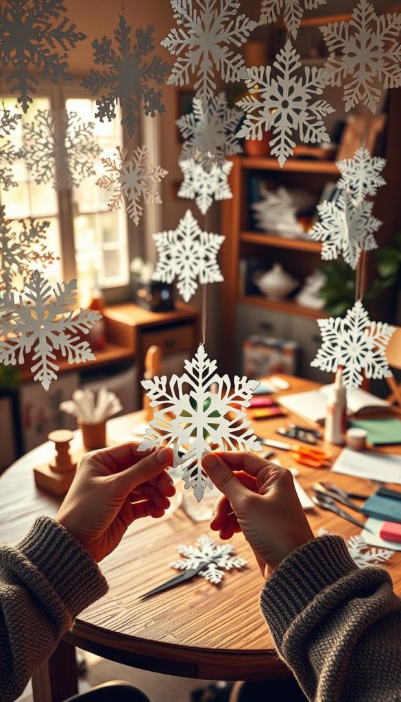 A cozy, warmly lit workspace showcasing an array of beautifully crafted white paper snowflakes in various intricate designs. In the foreground, a pair of skilled hands carefully folding a new snowflake, emphasizing precision and creativity. The middle ground features a charming wooden table scattered with tools like scissors, glue, and colorful papers, highlighting a DIY atmosphere. In the background, soft natural sunlight filters through a window, casting gentle shadows and enhancing the inviting ambiance. The setting is inspiring, evoking a sense of warmth and creativity, ideal for a DIY project. The brand name "KlickKiste" is represented subtly in the decor, adding a personal touch. The overall mood is peaceful and inspiring, perfect for illustrating safety and application in crafting.