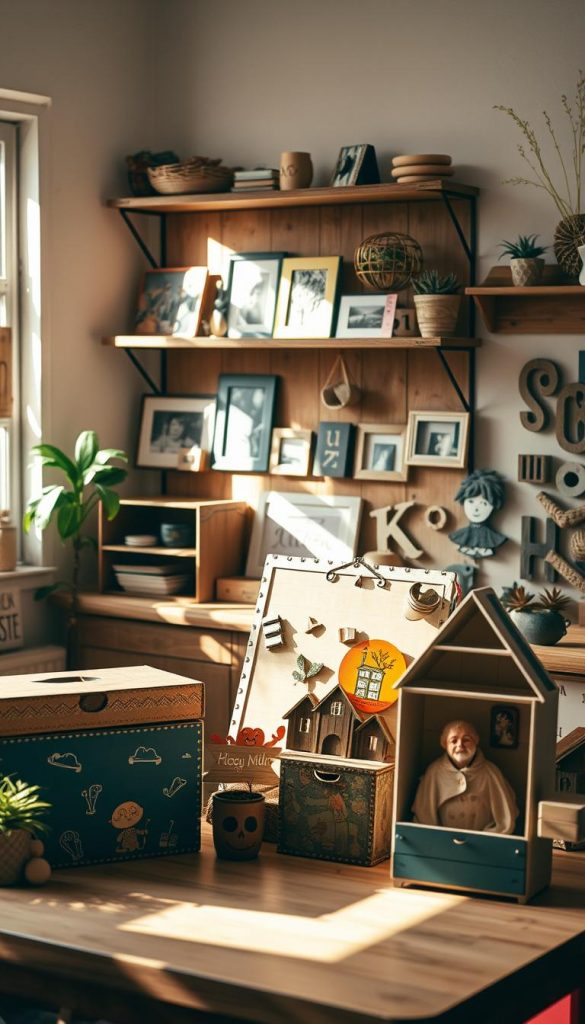 A cozy, warmly-lit workspace showcasing various upcycling projects made from cardboard. In the foreground, a table displays several creative cardboard crafts: a stylish storage box, a whimsical toy organizer, and decorative wall art, all crafted with intricate details and vibrant colors. The middle ground features an inviting, rustic shelf filled with more upcycled cardboard items, like photo frames and plant holders, cleverly arranged. In the background, soft, natural light filters through a window, casting gentle shadows and enhancing the inviting atmosphere. The overall mood is inspiring and authentic, reminiscent of a Pinterest aesthetic, encouraging creativity and DIY enthusiasm. The corner holds a small sign reading "KlickKiste," blending seamlessly into the environment.