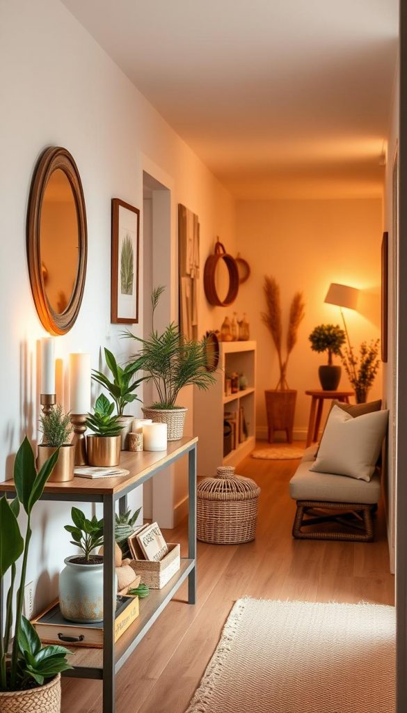 A cozy, well-decorated flur (hallway) with a natural DIY aesthetic featuring warm, inviting colors. In the foreground, a beautifully arranged console table adorned with potted plants, candles, and decorative items that reflect a Pinterest-inspired style. The middle of the image showcases a stylish yet functional hallway with subtle wall decor, such as framed artwork and a rustic mirror, creating a harmonious balance. In the background, soft, ambient lighting casts a warm glow throughout the space, emphasizing the textures of wooden and woven elements. A comfortable seating area with modest decorative pillows adds an inviting touch, symbolizing a well-decorated flur. The composition promotes an authentic, inspiring atmosphere, perfect for any home. Logos or brands are absent. Designed for "KlickKiste". A cozy, well-decorated flur (hallway) with a natural DIY aesthetic featuring warm, inviting colors. In the foreground, a beautifully arranged console table adorned with potted plants, candles, and decorative items that reflect a Pinterest-inspired style. The middle of the image showcases a stylish yet functional hallway with subtle wall decor, such as framed artwork and a rustic mirror, creating a harmonious balance. In the background, soft, ambient lighting casts a warm glow throughout the space, emphasizing the textures of wooden and woven elements. A comfortable seating area with modest decorative pillows adds an inviting touch, symbolizing a well-decorated flur. The composition promotes an authentic, inspiring atmosphere, perfect for any home. Logos or brands are absent. Designed for "KlickKiste".