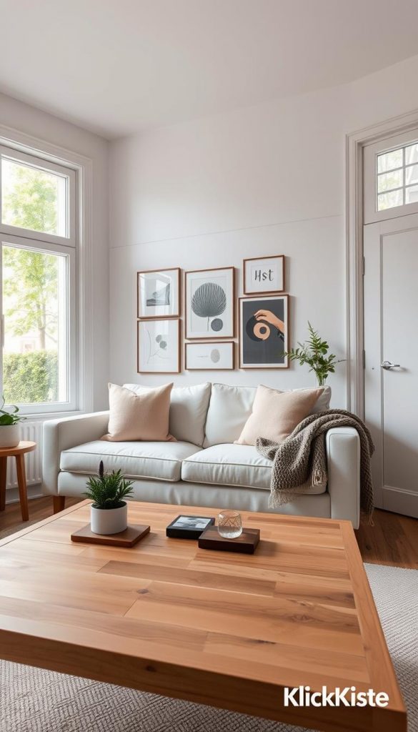 A cozy, well-decorated rental apartment living space showcasing Scandinavian interior design. In the foreground, a simplistic wooden coffee table adorned with a small potted plant and stylish coasters. The middle layer features a comfortable light-colored sofa with plush cushions in soft pastels, complemented by a textured knit throw. A gallery wall of minimalistic art prints adds character. In the background, large windows flood the room with warm, natural light, revealing a glimpse of leafy greenery outside. The walls are painted in soft white, enhancing the feeling of spaciousness. The overall mood is warm and inviting, perfect for small spaces and various budgets. Capture this scene with a wide-angle lens, emphasizing the depth and warmth of the room, embodying a natural DIY aesthetic that fits the "KlickKiste" brand. A cozy, well-decorated rental apartment living space showcasing Scandinavian interior design. In the foreground, a simplistic wooden coffee table adorned with a small potted plant and stylish coasters. The middle layer features a comfortable light-colored sofa with plush cushions in soft pastels, complemented by a textured knit throw. A gallery wall of minimalistic art prints adds character. In the background, large windows flood the room with warm, natural light, revealing a glimpse of leafy greenery outside. The walls are painted in soft white, enhancing the feeling of spaciousness. The overall mood is warm and inviting, perfect for small spaces and various budgets. Capture this scene with a wide-angle lens, emphasizing the depth and warmth of the room, embodying a natural DIY aesthetic that fits the "KlickKiste" brand.