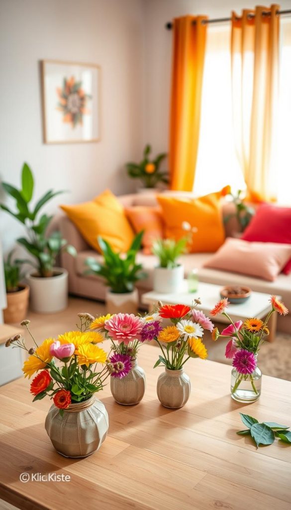 A cozy, well-decorated small apartment featuring warm, inviting colors and a natural DIY aesthetic that reflects a Pinterest-worthy design. In the foreground, a charming table dressed with various small flower arrangements in creative, budget-friendly vases, showcasing a vibrant summer theme. The middle ground includes a plush sofa adorned with bright throw pillows, surrounded by potted plants that add a touch of greenery. In the background, soft light filters through sheer curtains, creating a warm, inviting atmosphere that encourages relaxation and creativity. The overall mood is inspiring and authentic, embodying a lively yet serene environment perfect for small living spaces. Include subtle branding elements of "KlickKiste" integrated into the decor, enhancing the cozy, decorative theme without overpowering the scene.