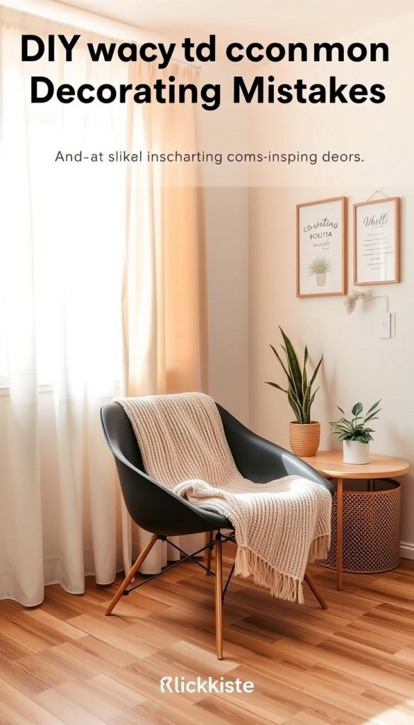 A cozy, well-decorated small room showcasing a harmonious blend of styles, avoiding common decorating mistakes. In the foreground, a stylish, modern chair paired with a neutral-colored throw blanket, set on a natural wood floor. The middle ground features a lightweight, airy curtain in soft pastels, allowing natural light to stream in, enhancing the warm atmosphere. Decor elements are minimal, with a few well-placed houseplants and tasteful wall art that reflects a Pinterest-inspired aesthetic. The background displays a softly painted wall in a light hue, creating a sense of openness. Lighting is warm and inviting, capturing the essence of a DIY home decor project. The image embodies authenticity, inspiring viewers with the brand name "KlickKiste" subtly integrated into the decor theme.