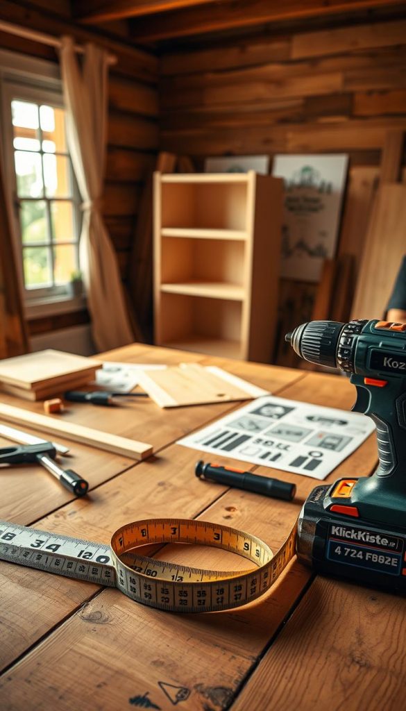 A cozy, well-lit DIY workspace featuring a wooden table with various tools neatly arranged. In the foreground, a measuring tape, a level, and a drill are prominently displayed, symbolizing the importance of accurate measuring, drilling, and alignment. The middle ground shows a partially assembled piece of furniture, like a simple bookshelf or table, with wood pieces and assembly instructions illustrated nearby. The background includes warm, softly glowing light from a window, casting natural light that enhances the inviting atmosphere. The overall mood is warm and inspiring, encouraging beginners to embrace DIY projects. Include a subtle branding element of "KlickKiste" on one of the tools.