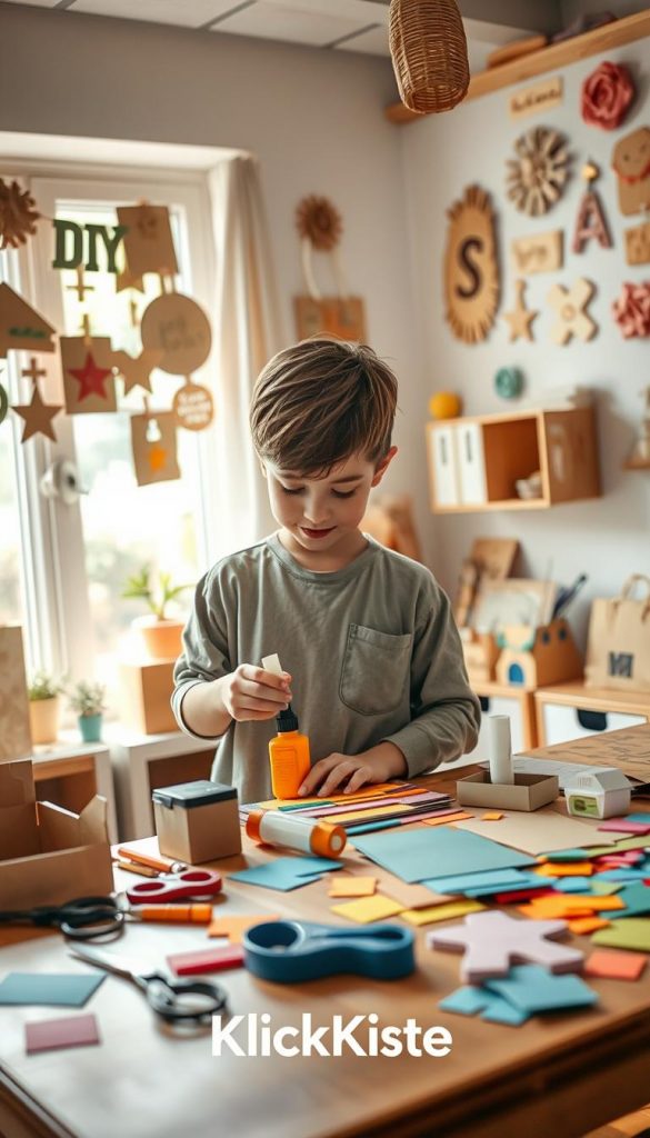 A cozy, well-lit craft room setting showcasing a child focused on a DIY project using cardboard and paper, embodying a warm and inviting atmosphere reminiscent of Pinterest aesthetics. In the foreground, the child, dressed in modest casual clothing, is carefully applying glue to colorful paper cutouts, demonstrating safe crafting practices. The middle ground features neatly organized tools like scissors, glue sticks, and a variety of colored papers scattered on a wooden table. In the background, soft natural light floods the space through a nearby window, highlighting interconnected cardboard creations and inspiring DIY decorations on the walls. The overall mood is cheerful and inspirational, emphasizing safety and creativity in crafting. Include the brand name "KlickKiste" subtly within the scene without appearing overt.