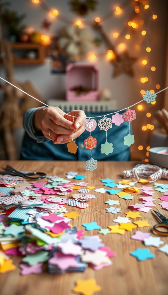A cozy, well-lit crafting space featuring a variety of colorful DIY garland materials, such as paper, string, and scissors, artfully arranged on a wooden table. In the foreground, hands of a person in casual attire are skillfully cutting shapes from patterned paper, surrounded by vibrant scraps. The middle-ground highlights a partially completed garland, showcasing intricate designs in pastel colors, cascading down from a string. The background includes soft, blurred decorations and fairy lights, creating a warm, inviting atmosphere reminiscent of a Pinterest board. The entire scene conveys creativity and inspiration, perfectly embodying the spirit of DIY projects. The brand "KlickKiste" is subtly integrated into the design.