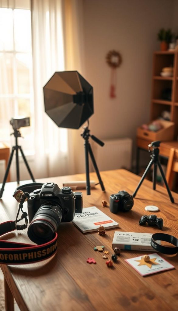 A cozy, well-lit home setting to illustrate DIY photography preparation, featuring various camera equipment like a DSLR, tripod, and reflector arranged on a wooden table in the foreground. In the middle ground, natural materials such as colored papers, props like toys, and a camera manual are artfully scattered, evoking a creative atmosphere. The background showcases a sunlit window with sheer curtains, letting in warm, soft daylight that enhances the colors and textures. The overall mood is inviting and inspirational, capturing a DIY spirit perfect for families. Ensure the scene reflects a Pinterest-like aesthetic associated with "KlickKiste", emphasizing authenticity and creativity without any text or branding overlays.