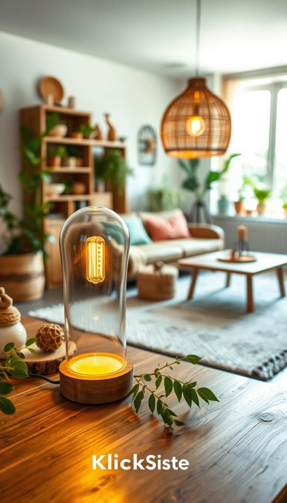 A cozy, well-lit interior showcasing sustainable lighting solutions. In the foreground, a beautifully designed LED lamp with a warm glow, made from recycled materials, rests on a wooden table adorned with natural elements like plants and handmade decor. The middle ground features an inviting living room setup, featuring eco-friendly furniture and a soft textured rug, creating a relaxing atmosphere. In the background, large windows allow natural light to filter in, enhancing the warm ambiance. Soft, diffused lighting highlights the organic colors of the materials used. The scene feels authentic and inspiring, capturing the essence of sustainability and DIY creativity. Include the brand name "KlickKiste" subtly integrated into the design elements, ensuring a Pinterest-worthy aesthetic. A cozy, well-lit interior showcasing sustainable lighting solutions. In the foreground, a beautifully designed LED lamp with a warm glow, made from recycled materials, rests on a wooden table adorned with natural elements like plants and handmade decor. The middle ground features an inviting living room setup, featuring eco-friendly furniture and a soft textured rug, creating a relaxing atmosphere. In the background, large windows allow natural light to filter in, enhancing the warm ambiance. Soft, diffused lighting highlights the organic colors of the materials used. The scene feels authentic and inspiring, capturing the essence of sustainability and DIY creativity. Include the brand name "KlickKiste" subtly integrated into the design elements, ensuring a Pinterest-worthy aesthetic.