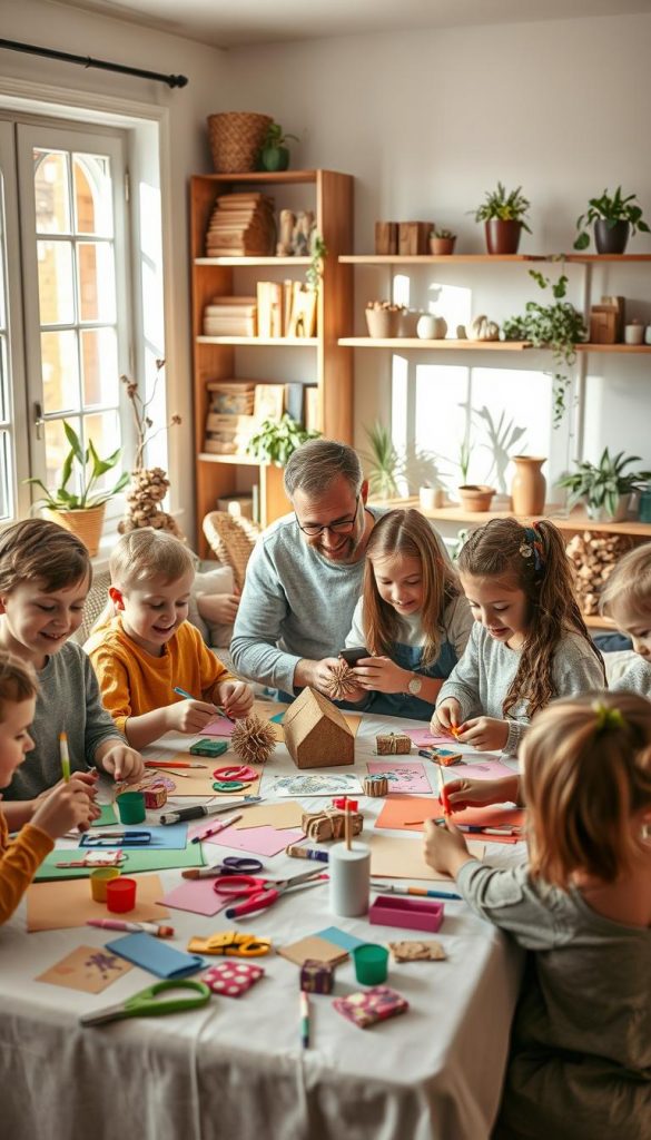 A cozy, well-lit living room scene featuring children and adults engaged in crafting eco-friendly gifts together. In the foreground, a table is surrounded by joyful kids, all wearing modest, casual clothing, using colorful papers, scissors, and glue. Some are enthusiastically painting, while others are assembling handmade decorations. In the middle, a nurturing adult guides a child, showcasing teamwork and community spirit. The background features shelves filled with natural craft supplies, plants, and a large window allowing warm, soft sunlight to flood the room. The overall atmosphere is vibrant and inspiring, capturing the essence of spending quality time while creating sustainable DIY projects. Emphasize the brand "KlickKiste" subtly within the scene, integrating it into the crafting supplies.