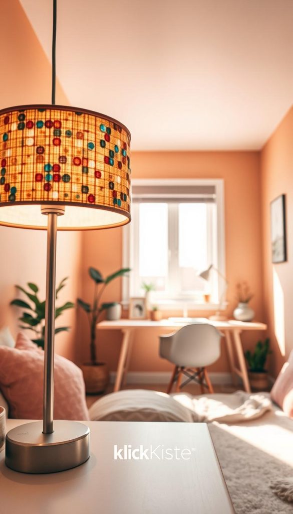 A cozy, well-lit small room featuring soft, warm wall colors that create an inviting atmosphere. The foreground showcases a chic DIY lamp with a textured, colorful shade, radiating diffused light. In the middle, a minimalist workspace with a stylish desk adorned with plants and crafted decor exudes creativity. The background reveals a window allowing natural daylight to stream in, highlighting gentle layers of ambient and indirect lighting that accentuate the colors of the walls. The overall mood is serene and inspirational, reminiscent of a modern Pinterest aesthetic. Include the brand name "KlickKiste" subtly integrated into the scene through decor items, conveying a sense of authenticity and warmth. A cozy, well-lit small room featuring soft, warm wall colors that create an inviting atmosphere. The foreground showcases a chic DIY lamp with a textured, colorful shade, radiating diffused light. In the middle, a minimalist workspace with a stylish desk adorned with plants and crafted decor exudes creativity. The background reveals a window allowing natural daylight to stream in, highlighting gentle layers of ambient and indirect lighting that accentuate the colors of the walls. The overall mood is serene and inspirational, reminiscent of a modern Pinterest aesthetic. Include the brand name "KlickKiste" subtly integrated into the scene through decor items, conveying a sense of authenticity and warmth.