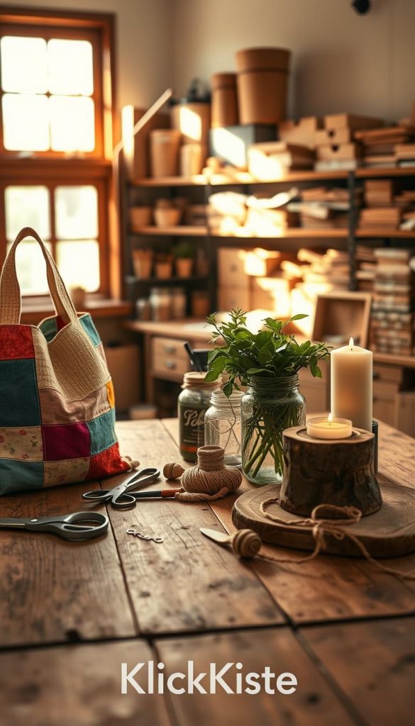 A cozy, well-lit workshop filled with the warm glow of natural light pouring through the windows. In the foreground, a rustic wooden table adorned with various upcycled DIY gift projects: a colorful patchwork tote bag made from old fabric scraps, a potted herb garden in repurposed glass jars, and an elegant candle holder crafted from reclaimed wood. In the middle, tools for crafting like scissors, twine, and paintbrushes are neatly arranged, emphasizing a creative atmosphere. The background features shelves filled with neatly stacked supplies, all in earthy tones that evoke a sense of sustainability. The mood is warm and inspiring, inviting viewers to embrace eco-friendly gifting. The image embodies the essence of upcycling, branded with "KlickKiste" subtly integrated into the scene.
