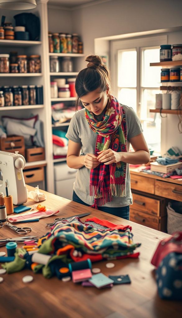 A cozy, well-lit workshop filled with upcycled clothing projects, showcasing a variety of DIY ideas crafted from old garments. In the foreground, a wooden table holds colorful fabric scraps, sewing tools like scissors and thread spools, and a half-finished upcycled bag. The middle zone features a creative individual, dressed in modest casual attire, carefully stitching a vibrant scarf made from recycled materials, embodying a sense of concentration and creativity. The background reveals shelves filled with neatly arranged jars of buttons and textile paint, accentuated by warm, natural lighting streaming through a window, creating an inviting atmosphere. The scene captures the essence of avoiding common mistakes in upcycling, inspiring viewers to embrace their creativity in a safe and encouraging way. By KlickKiste.