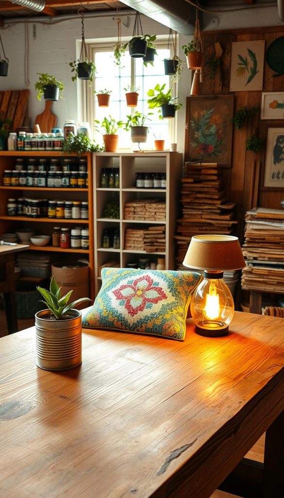 A cozy, well-lit workshop filled with vibrant upcycled projects. In the foreground, a beautifully crafted wooden table showcases various DIY upcycling items: a plant pot made from a tin can, a colorful quilt from old fabric scraps, and a stunning lamp created from an old bottle. The middle ground features an open shelving unit filled with jars of paints and brushes, along with stacks of reclaimed wood. In the background, sunlight filters through a window, highlighting a wall decorated with hanging potted herbs and art made from recycled materials. The overall atmosphere is warm and inviting, capturing the essence of creativity and sustainability. This image reflects the spirit of upcycling as showcased by KlickKiste, inspiring viewers to transform everyday materials into new favorites.