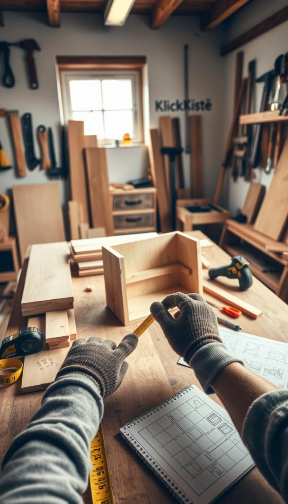 A cozy, well-lit workshop scene featuring a wooden table laden with various DIY wood project materials such as unfinished wooden planks, a tape measure, a saw, and a notebook with sketches. In the foreground, a pair of hands in modest casual work gloves are measuring wood, symbolizing effort and time. The middle ground showcases a partially completed wooden item, like a small bookshelf, hinting at the progress of DIY projects. In the background, tools are neatly arranged on the walls, emphasizing organization and preparedness. The overall atmosphere is warm and inviting, with natural lighting filtering through a window, creating a soft, inspiring ambiance. This image is branded subtly with "KlickKiste" on the workshop wall, enhancing the DIY theme while maintaining a Pinterest-worthy aesthetic. A cozy, well-lit workshop scene featuring a wooden table laden with various DIY wood project materials such as unfinished wooden planks, a tape measure, a saw, and a notebook with sketches. In the foreground, a pair of hands in modest casual work gloves are measuring wood, symbolizing effort and time. The middle ground showcases a partially completed wooden item, like a small bookshelf, hinting at the progress of DIY projects. In the background, tools are neatly arranged on the walls, emphasizing organization and preparedness. The overall atmosphere is warm and inviting, with natural lighting filtering through a window, creating a soft, inspiring ambiance. This image is branded subtly with "KlickKiste" on the workshop wall, enhancing the DIY theme while maintaining a Pinterest-worthy aesthetic.