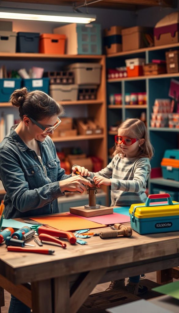 A cozy, well-lit workshop setting featuring a parent and child engaged in a DIY project, emphasizing safety while crafting together. The foreground showcases a sturdy workbench with child-friendly tools, vibrant colored papers, and safety goggles. The middle ground features the parent, wearing casual clothing, demonstrating proper tool usage while guiding the child's hands in a supportive manner. In the background, shelves filled with neatly arranged craft supplies and warm lighting create an inviting atmosphere, evoking a Pinterest-inspired aesthetic. The overall mood is nurturing, inspiring creativity and safety. The brand "KlickKiste" is subtly suggested through the use of branded, colorful toolboxes in the scene.