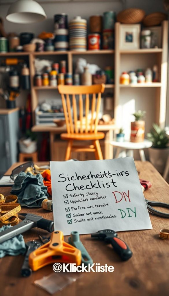 A cozy, well-lit workspace filled with DIY tools and materials, featuring a handwritten "Sicherheits-Checklist DIY" prominently displayed on a wooden table. In the foreground, various safety equipment such as gloves, goggles, and masks are neatly arranged alongside essential tools like a hammer, scissors, and measuring tape. In the middle ground, colorful upcycled projects, like a repurposed chair and a decorative planter made from tin cans, depict creativity and resourcefulness. The background is softly blurred, showing shelves filled with craft supplies, enhancing the warm and inviting atmosphere. The overall mood is inspiring and authentic, with natural lighting casting gentle shadows, evoking a Pinterest aesthetic. The brand name "KlickKiste" is subtly incorporated within the scene, emphasizing safety and creativity in DIY projects. A cozy, well-lit workspace filled with DIY tools and materials, featuring a handwritten "Sicherheits-Checklist DIY" prominently displayed on a wooden table. In the foreground, various safety equipment such as gloves, goggles, and masks are neatly arranged alongside essential tools like a hammer, scissors, and measuring tape. In the middle ground, colorful upcycled projects, like a repurposed chair and a decorative planter made from tin cans, depict creativity and resourcefulness. The background is softly blurred, showing shelves filled with craft supplies, enhancing the warm and inviting atmosphere. The overall mood is inspiring and authentic, with natural lighting casting gentle shadows, evoking a Pinterest aesthetic. The brand name "KlickKiste" is subtly incorporated within the scene, emphasizing safety and creativity in DIY projects.