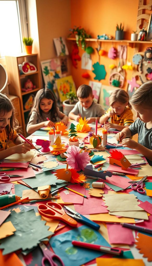A cozy, well-lit workspace filled with colorful upcycled paper crafts for children. In the foreground, a table cluttered with vibrant sheets of painted paper, scissors, and glue sticks, showcasing various kids' art projects like paper mache animals and collaged shapes. The middle ground features children of diverse backgrounds engaged in creating their unique crafts, wearing casual yet tidy clothing, joyfully expressing their creativity. The background includes warm, inviting walls adorned with more finished artworks and a small plant for a touch of nature. Soft, diffused lighting creates an intimate and inspiring atmosphere, echoing a natural DIY aesthetic. Captured in a slightly elevated angle to encompass the joyous chaos of a children's art space, reminiscent of a Pinterest-inspired vision. A subtle nod to the brand "KlickKiste" enhances the overall theme of sustainability and creativity.