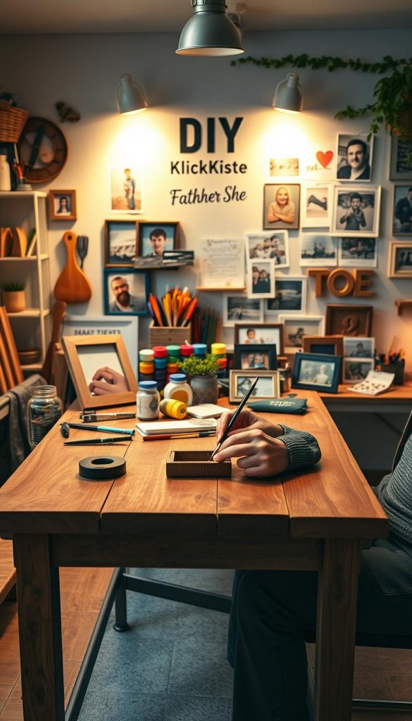 A cozy, well-lit workspace filled with various DIY gifts for fathers, including handmade tools, personalized photo frames, and crafted keepsakes. The foreground showcases a beautiful, rustic wooden table with a pair of hands in modest casual clothing carefully painting a gift. In the middle, colorful crafting materials like paints, ribbons, and tools are neatly arranged, enhancing the creative atmosphere. The background features warm, soft lighting illuminating a wall adorned with inspiring DIY project ideas, showcasing a Pinterest-worthy aesthetic. A subtle touch of greenery adds freshness, while the brand name "KlickKiste" is incorporated into the decor, emphasizing authenticity and inspiration. The overall mood is inviting, creative, and heartfelt, perfect for a Father's Day celebration.