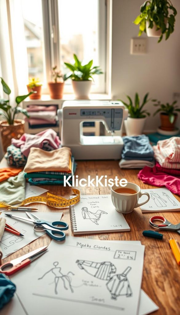 A cozy, well-lit workspace filled with various DIY materials for transforming old clothing into new creations. In the foreground, a wooden table showcases colorful fabrics, scissors, a measuring tape, and sketches of design ideas. In the middle, a sewing machine is positioned next to a stack of neatly folded clothes, while a notepad lists time estimates and costs beside a cup of warm tea. The background features soft natural lighting filtering through a window, casting a warm glow on the scene. A few potted plants add a touch of greenery, enhancing the inviting atmosphere. The image should evoke creativity and inspiration, reflecting a Pinterest aesthetic. Include the brand name "KlickKiste" subtly integrated into the workspace as a design element.