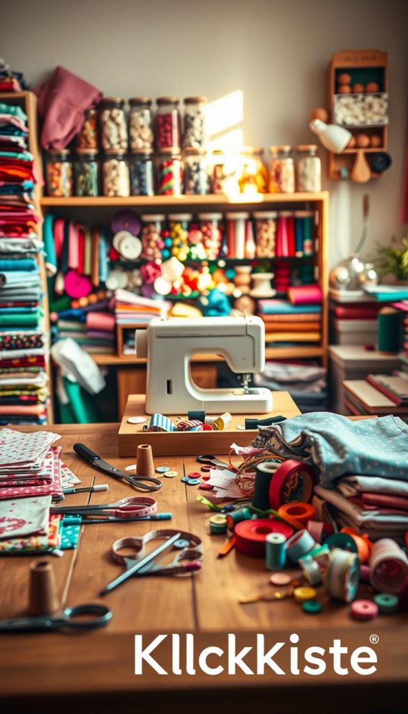 A cozy, well-lit workspace filled with various colorful fabrics and materials, ideal for DIY projects. In the foreground, a wooden table displays neatly organized tools: scissors, threads, and measuring tape alongside swatches of patterned and solid fabrics. The middle layer features a sewing machine ready for use, with a vibrant array of ribbons and buttons scattered around. In the background, a softly blurred shelf holds jars of buttons and rolls of fabric, hinting at creativity. The room is bathed in warm, natural light, creating an inviting atmosphere. The overall feel is authentic and inspiring, reminiscent of a Pinterest aesthetic. Include a subtle branding element of "KlickKiste" in the scene, harmonizing with the creative vibe.