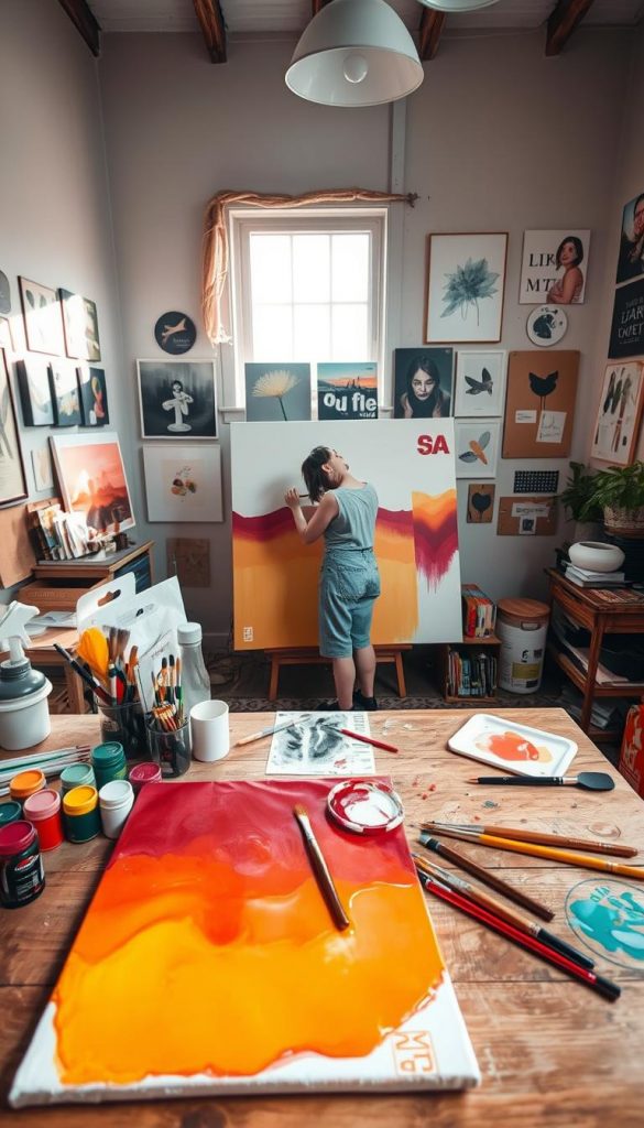 A cozy, well-lit workspace showcasing the process of creating "Dipped Art" wall art. In the foreground, a wooden table cluttered with vibrant acrylic paints, brushes, and a half-dipped canvas, showcasing beautiful warm colors blending into each other. The middle ground features an artist in modest casual clothing, focusing intently on a large canvas, surrounded by additional art supplies and examples of finished dipped art pieces. The background presents a softly lit room adorned with various other modern DIY wall art projects, evoking a Pinterest-inspired aesthetic. Natural light streams through a nearby window, creating a warm, inviting atmosphere. The scene embodies authenticity and inspiration, attributed to the creativity of the brand "KlickKiste".