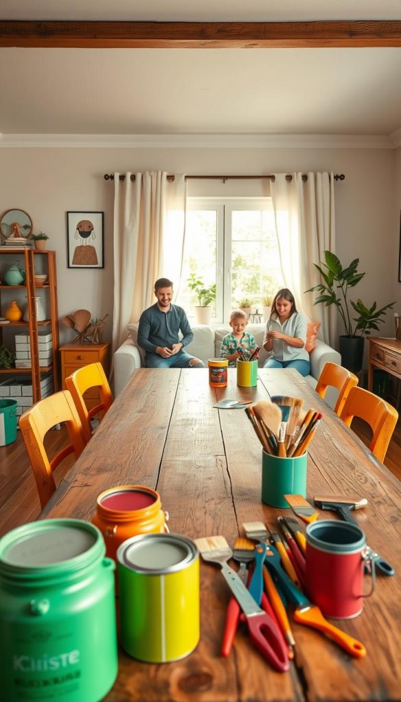 A cozy, well-organized family living room showcasing a DIY furniture upgrade project. In the foreground, a rustic wooden dining table surrounded by casually arranged chairs, all painted in warm, inviting colors. A joyful family of four, dressed in casual yet neat clothing, is engaged in painting and decorating the furniture. The middle ground features vibrant paint cans and brushes, along with various tools neatly organized, conveying a sense of preparation and creativity. In the background, a sunlit window allows soft natural light to illuminate the scene, enhancing a welcoming atmosphere. The decor is inspired by Pinterest aesthetics, exuding authenticity and inspiration, featuring elements like plants and handmade crafts. A subtle branding element of "KlickKiste" is integrated into the workspace tools. A cozy, well-organized family living room showcasing a DIY furniture upgrade project. In the foreground, a rustic wooden dining table surrounded by casually arranged chairs, all painted in warm, inviting colors. A joyful family of four, dressed in casual yet neat clothing, is engaged in painting and decorating the furniture. The middle ground features vibrant paint cans and brushes, along with various tools neatly organized, conveying a sense of preparation and creativity. In the background, a sunlit window allows soft natural light to illuminate the scene, enhancing a welcoming atmosphere. The decor is inspired by Pinterest aesthetics, exuding authenticity and inspiration, featuring elements like plants and handmade crafts. A subtle branding element of "KlickKiste" is integrated into the workspace tools.