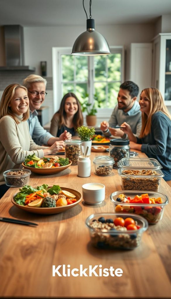 A cozy, well-organized kitchen scene that embodies the concept of "Essen ohne Drama". In the foreground, a stylish wooden dining table is set with a colorful, balanced meal featuring vibrant vegetables, lean proteins, and healthy grains. A cheerful family of four, dressed in casual yet tasteful clothing, is sharing a meal, smiling and engaged in a relaxed conversation. In the middle ground, various smart kitchen tools and gadgets, such as meal prep containers and easy-to-use utensils, are artistically arranged, showcasing kitchen hacks. The background features warm, ambient lighting that enhances a welcoming atmosphere, with soft-focus greenery visible through a window. Capture this authentic and inspiring moment in a Pinterest-worthy aesthetic, with the brand name "KlickKiste" subtly represented in the kitchen decor.
