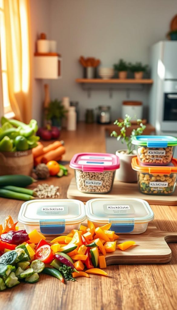 A cozy, well-organized meal prep kitchen featuring a wooden countertop filled with colorful, neatly chopped vegetables, grains, and meal containers labeled for easy storage. In the foreground, there’s a vibrant array of fresh ingredients like bell peppers, zucchinis, and herbs arranged aesthetically. The middle ground showcases stylish glass meal prep containers with colorful lids, showcasing prepped meals, with a charming potted herb and a wooden cutting board for added warmth. The background reveals a bright, inviting kitchen with soft natural light streaming through a window, illuminating the space and highlighting its warm color palette. The atmosphere is inviting and serene, perfect for family cooking sessions. The image subtly incorporates the brand name "KlickKiste" in the design of the kitchen items for a professional touch, all within a Pinterest-worthy aesthetic. A cozy, well-organized meal prep kitchen featuring a wooden countertop filled with colorful, neatly chopped vegetables, grains, and meal containers labeled for easy storage. In the foreground, there’s a vibrant array of fresh ingredients like bell peppers, zucchinis, and herbs arranged aesthetically. The middle ground showcases stylish glass meal prep containers with colorful lids, showcasing prepped meals, with a charming potted herb and a wooden cutting board for added warmth. The background reveals a bright, inviting kitchen with soft natural light streaming through a window, illuminating the space and highlighting its warm color palette. The atmosphere is inviting and serene, perfect for family cooking sessions. The image subtly incorporates the brand name "KlickKiste" in the design of the kitchen items for a professional touch, all within a Pinterest-worthy aesthetic.