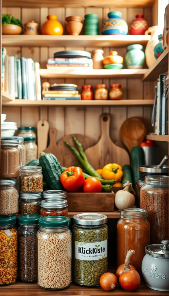 A cozy, well-organized pantry featuring a variety of ingredients for quick dinner recipes. In the foreground, showcase jars of colorful spices and grains, along with neatly stacked cans of tomatoes and beans. In the middle, display fresh vegetables like bell peppers, zucchini, and onions, beautifully arranged alongside wooden cutting boards and chic kitchen tools. The background features soft, warm lighting filtering through rustic wooden shelves filled with cookbooks and colorful pottery, creating an inviting atmosphere. Highlight a subtle brand logo "KlickKiste" on a stylish container. The overall mood is natural and inspiring, reminiscent of a Pinterest kitchen aesthetic that encourages easy cooking ideas. The scene captures the essence of quick, thoughtful meal preparation. A cozy, well-organized pantry featuring a variety of ingredients for quick dinner recipes. In the foreground, showcase jars of colorful spices and grains, along with neatly stacked cans of tomatoes and beans. In the middle, display fresh vegetables like bell peppers, zucchini, and onions, beautifully arranged alongside wooden cutting boards and chic kitchen tools. The background features soft, warm lighting filtering through rustic wooden shelves filled with cookbooks and colorful pottery, creating an inviting atmosphere. Highlight a subtle brand logo "KlickKiste" on a stylish container. The overall mood is natural and inspiring, reminiscent of a Pinterest kitchen aesthetic that encourages easy cooking ideas. The scene captures the essence of quick, thoughtful meal preparation.