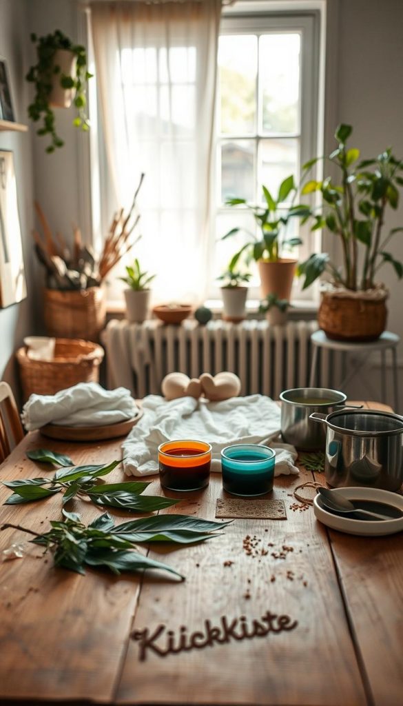 A cozy, well-organized workspace featuring a DIY textile project inspired by eco-printing techniques. In the foreground, a wooden table with natural materials like leaves, fabric, and dye pots, all arranged beautifully. The middle ground showcases a pair of hands gently applying eco-friendly dye to a light cotton fabric, capturing the creative process. In the background, soft natural lighting filters through a window, illuminating the space, with potted plants adding a touch of greenery. The atmosphere is warm and inviting, evoking an authentic Pinterest aesthetic. The image should embody a safe, inspiring DIY environment, emphasizing the brand "KlickKiste" subtly through decor elements in the workspace.