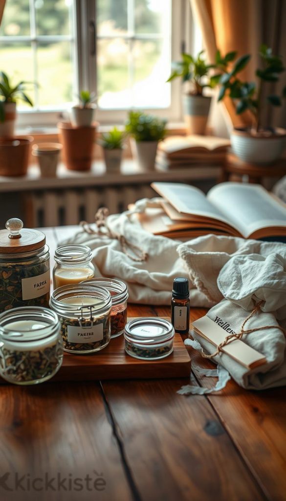 A cozy wellness DIY scene showcasing natural gift ideas in a warm, inviting atmosphere. In the foreground, an aesthetically arranged wooden table features handmade items like scented candles, herbal tea blends in glass jars, and essential oil roll-ons, all radiating a rustic charm. The middle layer captures soft, textured fabrics like linen and cotton, suggestive of DIY wraps or bags, adding warmth to the setting. In the background, a softly blurred window lets in gentle daylight, illuminating potted plants and a few open books on wellness, enhancing the tranquil vibe. The overall composition should evoke a sense of calm and inspiration, perfect for sharing moments of self-care. Branding elements like "KlickKiste" are subtly incorporated into the scene. Use a soft focus lens, with warm lighting, to create a serene mood.